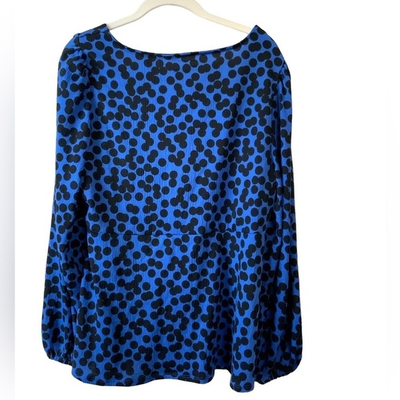 Ava & Viv 🆕 Royal Blue w/ Black Dot Blouse Balloon Sleeve Ruching Knot Front - Picture 7 of 9